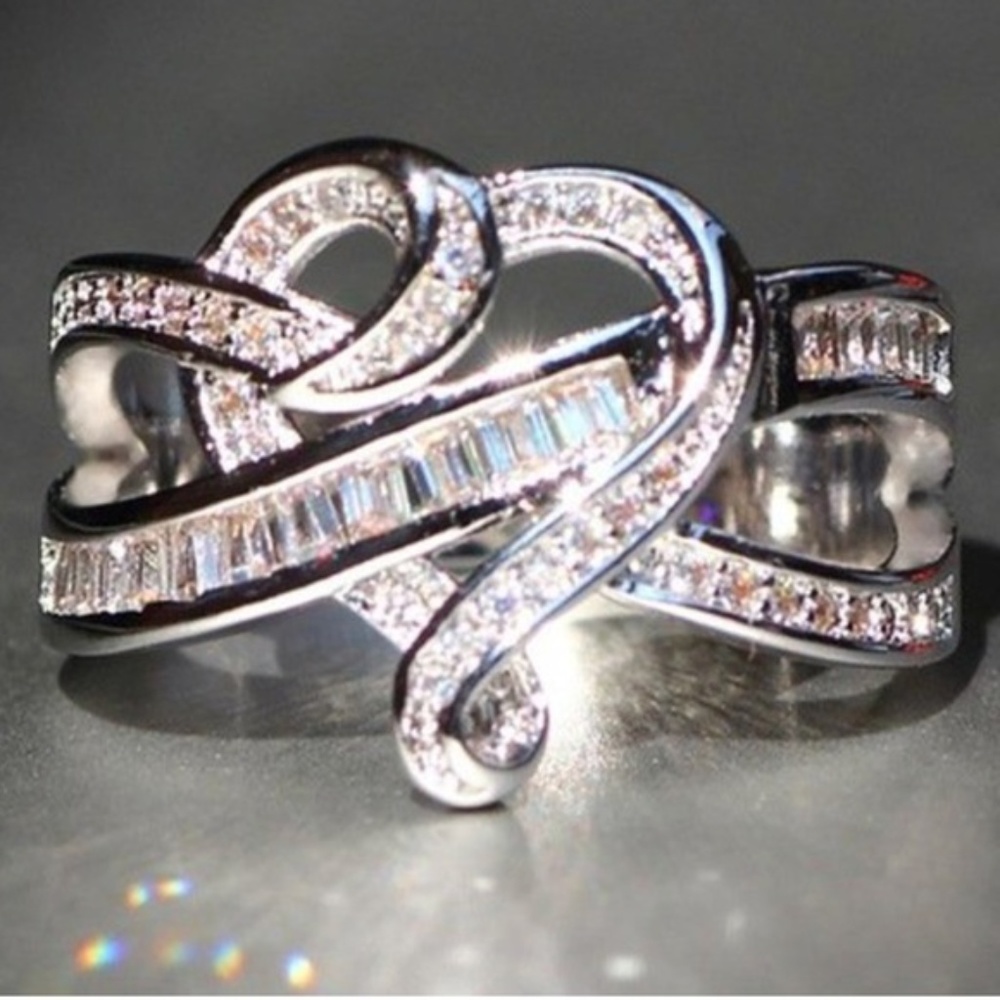Heart Infinity Baguette CZ‎ White Gold Filled Ring Silver Tone Size 8 New